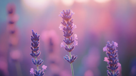 A beautiful close-up of lavender flowers in soft purple hues, capturing the tranquility and beauty of nature during golden hour. Perfect for floral themes.の素材