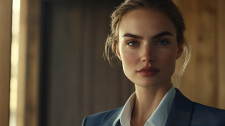 A captivating portrait of a confident woman dressed in professional attire, showcasing elegance and beauty in a modern setting.の素材