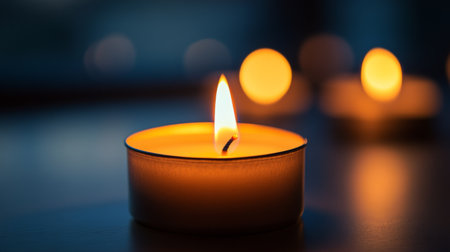 A tranquil scene featuring a lit candle casting a warm glow in a dim environment, perfect for creating a calming atmosphere and enhancing mood.の素材