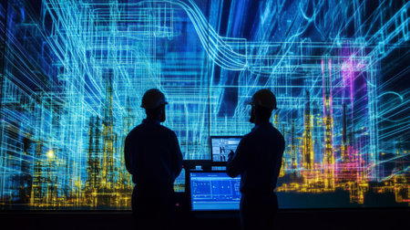 Two engineers analyze data in a high-tech environment with vibrant digital projections. This image captures innovation, teamwork, and modern technology in action.の素材