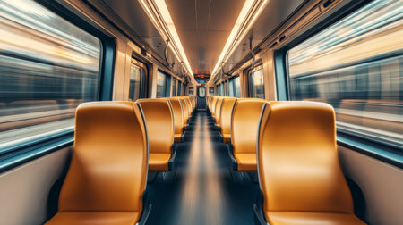 A modern train interior featuring empty orange seats and a dynamic sense of motion. Ideal for travel, transportation, and urban scenery themes.の素材
