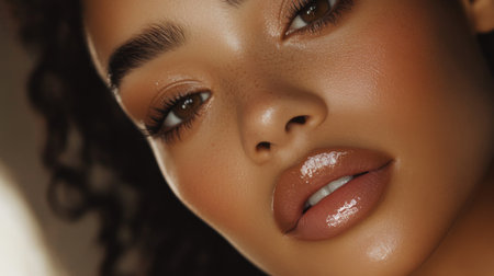 A captivating close-up portrait showcasing natural beauty with radiant skin, soft features, and an elegant expression that reflects confidence and charm.の素材