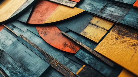 Close-up view of a vibrant abstract surface showcasing a layered arrangement of colorful wooden textures and shapes, ideal for creative projects.の素材