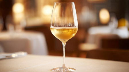 A beautifully styled glass of white wine sits elegantly on a restaurant table, ready for enjoyment. Perfect for fine dining and celebratory moments.の素材