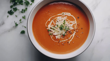 A vibrant creamy tomato soup garnished with fresh herbs and cheese, elegantly presented in a white bowl. Perfect for a comforting meal or photo shoot.の素材