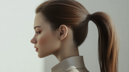 A captivating profile portrait of a woman in soft natural light, highlighting her elegant features and smooth hair. Ideal for beauty and fashion themes.の素材