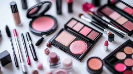 A vibrant arrangement of assorted beauty products including blush, lipstick, and eyeshadow on a white background. Perfect for cosmetic retail or beauty promotion.の素材