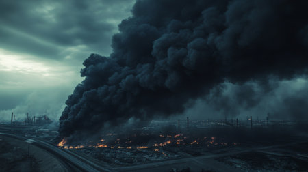 A dramatic view of dark smoke billowing from a burning industrial site, highlighting environmental concerns related to pollution and disaster risks.の素材