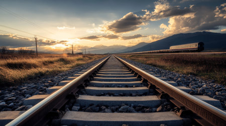 Serene railway tracks stretch into the horizon under a vibrant sunset, capturing the beauty of nature and the spirit of travel in a peaceful landscape.の素材