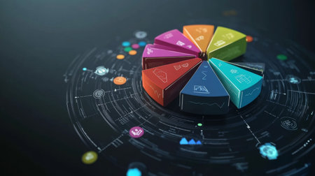 This vibrant data visualization features a circular design with colorful segments and graphical elements, ideal for representing analysis and insights in various fields.の素材