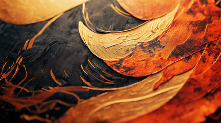 Explore this abstract art piece showcasing warm colors and textured shapes. The blend of orange and gold over black creates a vibrant and captivating design.の素材