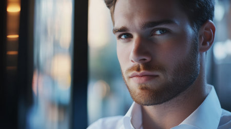 A close-up portrait of a confident young man with facial hair, showcasing a serious expression and warm lighting, perfect for capturing modern urban lifestyle themes.の素材