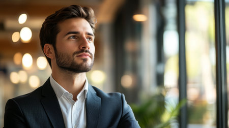 A thoughtful businessman in a modern office, gazing out of the window with a confident demeanor, reflecting ambition and professionalism in a serene atmosphere.の素材