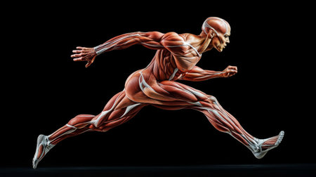 A vibrant illustration of human anatomy showcasing a male figure in mid-run, highlighting detailed muscle structure and movement dynamics. Ideal for educational purposes.の素材