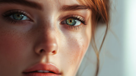 This stunning close-up portrait captures the beauty of a young woman with captivating green eyes and delicate features, illuminated by natural light.の素材