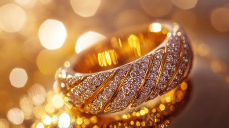 A stunning gold ring adorned with sparkling diamonds, captured in soft light against a shimmering background, perfect for showcasing luxury and elegance.の素材