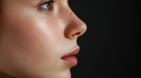A striking close-up portrait showcasing a freckled face in profile. The image highlights natural beauty with soft lighting, emphasizing smooth skin and serene expression.の素材