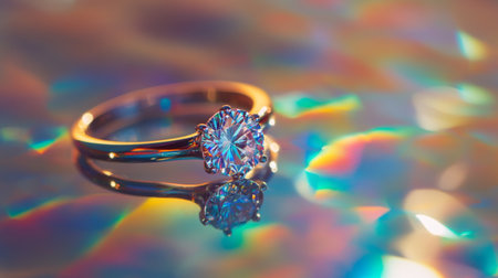 This exquisite diamond ring showcases a brilliant cut on a vibrant, colorful backdrop, reflecting light with elegance and charm, perfect for jewelry displays.の素材