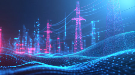 This dynamic image features a futuristic power grid, illuminated by blue and pink lights. Digital waves undulate across the landscape, symbolizing energy flow and technology.の素材