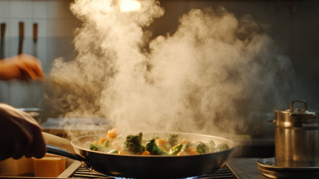 A chef skillfully cooks fresh vegetables in a pan, creating a cloud of steam in a bustling kitchen. This vibrant scene showcases culinary techniques.の素材