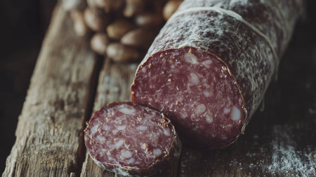 Fresh artisan salami sliced on a rustic wooden board, showcasing its rich texture and natural qualities. Perfect for culinary creations and gourmet dishes.の素材