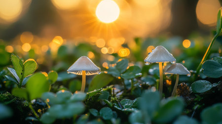 Discover the enchanting beauty of mushrooms glistening with dew under the warm glow of the sunrise, capturing the essence of nature's tranquility.の素材