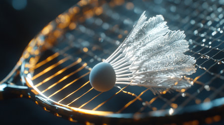 A detailed close-up of a badminton shuttlecock resting on a racket, highlighting the texture of the strings and the dynamic nature of the sport.の素材