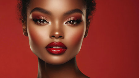 Captivating portrait of a fashionable model showcasing bold makeup and vibrant colors, highlighting beauty, elegance, and artistic expression in a studio setting.の素材