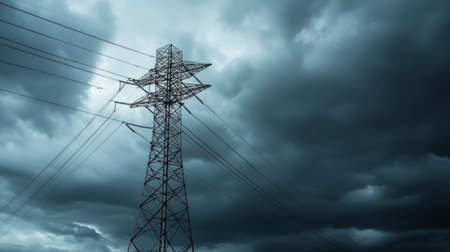 A striking image of a power tower surrounded by ominous clouds, highlighting the contrast between technology and nature in a stormy atmosphere.の素材