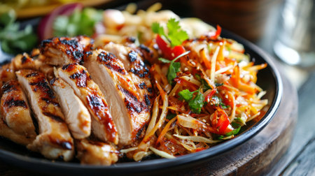 A vibrant plate featuring grilled chicken accompanied by a fresh salad, showcasing a delicious combination of flavors and healthy ingredients perfect for any meal.の素材