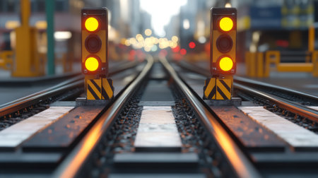 Urban scene featuring train signals and tracks, illuminated with vibrant orange lights. The image captures transportation infrastructure in a dynamic city landscape.の素材