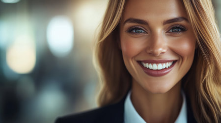 A confident woman smiles warmly, showcasing her professional appearance and joy. This portrait captures the essence of positivity and charm in a business setting.の素材