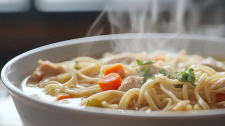 A steaming bowl of noodle soup showcases vibrant carrots and fresh herbs. This comforting dish is perfect for dinner or a cozy meal at home.の素材