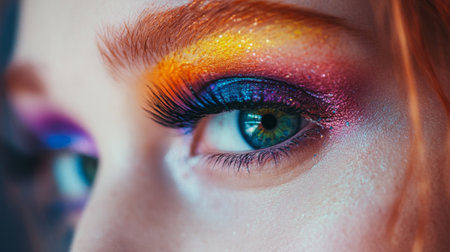 This closeup features stunning eye makeup with vibrant colors and glitter, showcasing a creative fashion statement that highlights beauty and artistry.の素材