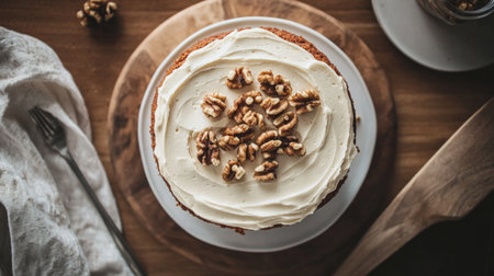 A delicious vanilla cake topped with creamy frosting and walnuts, beautifully presented on a wooden board, perfect for dessert lovers and gatherings.の素材