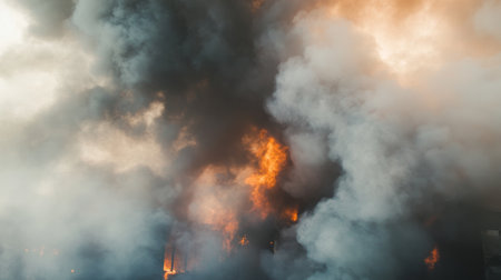 A dramatic scene featuring intense flames and thick smoke filling the air, capturing the chaos and danger of a fierce fire. The image evokes urgency and destruction.の素材