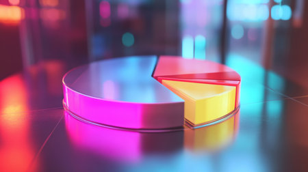 A vibrant, colorful pie chart sits on a reflective surface, casting an artistic glow. Ideal for business, data analysis, and creative presentations.の素材