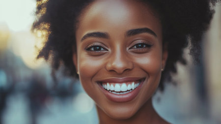 A joyful young woman with natural hair displays a bright smile, radiating happiness and confidence in an outdoor setting. Ideal for lifestyle themes.の素材
