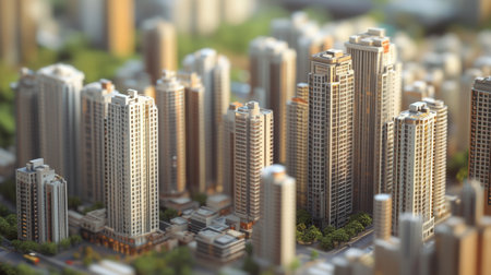 A detailed model of an urban cityscape showcasing high-rise buildings set against lush greenery, perfect for visualizing modern architectural designs.の素材