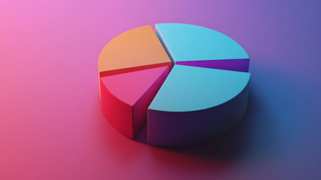 Vibrant 3D pie chart displayed on a smooth gradient background. Perfect for illustrating business statistics or data visualization concepts in a modern style.の素材