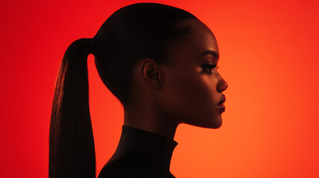 A stunning profile of a woman with a sleek ponytail, set against a vibrant orange background, capturing the essence of beauty and elegance.の素材
