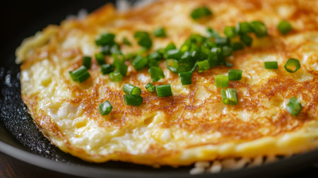 A tasty omelette garnished with fresh green onions, perfect for breakfast or brunch. This savory dish showcases simple cooking techniques.の素材