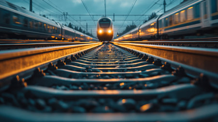 A train approaches along the railway tracks at dusk, illuminated by soft evening light. The dynamic scene captures the motion and energy of travel.の素材