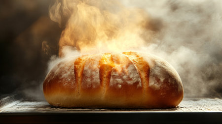 A freshly baked loaf of bread sits on a cooling rack, steam rising to enhance its warm, inviting appearance. Perfect for food photography or culinary projects.の素材
