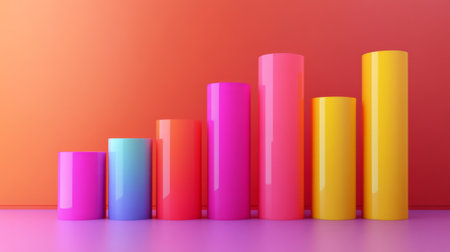 This vibrant image features colorful cylindrical shapes representing growth and development. Ideal for business presentations, marketing materials, or educational content showcasing progress and success.の素材