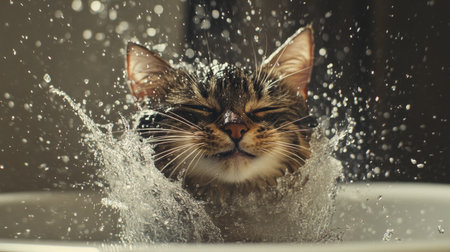 A delightful scene of a cat joyfully splashing in water, capturing its playful personality and expression. This image showcases the fun and spontaneity of pets during bath time.の素材