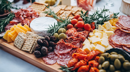 A vibrant charcuterie board featuring a variety of meats, cheeses, fresh herbs, and garnishes, perfect for gatherings and celebrations.の素材
