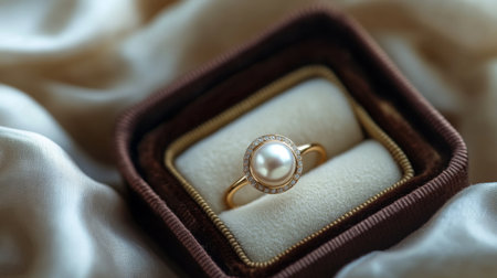 A stunning pearl ring set in a luxurious jewelry box, perfect for special occasions and elegant gifting. Its classic design embodies sophistication and beauty.の素材