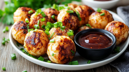 A plate of deliciously grilled savory snacks garnished with fresh green onions, served with a rich dipping sauce, ideal for gatherings or meals.の素材