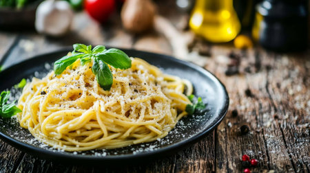 A beautifully plated spaghetti dish topped with fresh basil and cheese. This cuisine captures the essence of Italian comfort food, perfect for any meal.の素材